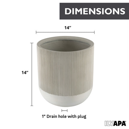 14 Inch Fluted Large Modern Concrete Planter - 14x14 Inch Outdoor/Indoor Plant Pots with Drainage - Cement Flower Pots for Plants