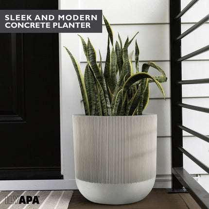 14 Inch Fluted Large Modern Concrete Planter - 14x14 Inch Outdoor/Indoor Plant Pots with Drainage - Cement Flower Pots for Plants