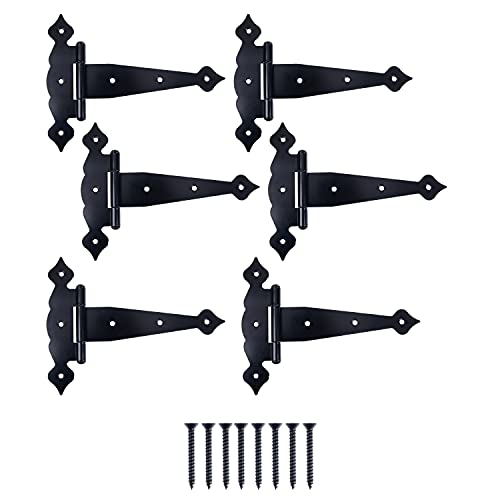Ilyapa Heavy Duty Gate Hinges, 6 Pack - 8 Inch Decorative Outdoor T Strap Hinges for Barn Door, Shed or Wooden Fences