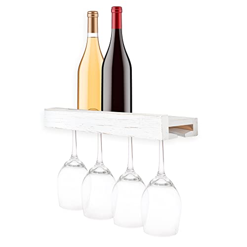 Ilyapa Rustic Shelf with Wine Glass Storage - Wall Mounted Wooden Wine Rack - White, Storage for 4 Glasses