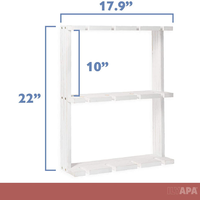 Wine Glass Rack, Wall Mounted - 3 Tier Rustic Weathered White Wood Stemware Storage Holder