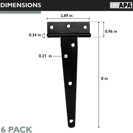 Ilyapa Heavy Duty Gate Hinges, 6 Pack - 8 Inch Outdoor T Strap Hinges for Barn Door, Shed or Wooden Fences
