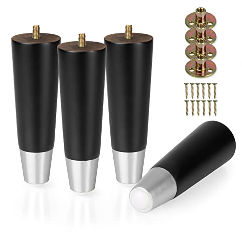 Ilyapa Wooden Furniture Legs Silver Footing - Set of 4 Black 6 Inch Tapered Replacement Furniture Leg for Sofas, Chairs, Loveseats, Ottoman, Dressers, End Tables