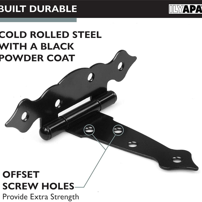 Ilyapa Heavy Duty Gate Hinges, 6 Pack - 5 Inch Decorative Outdoor T Strap Hinges for Barn Door, Shed or Wooden Fences