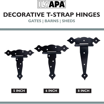 Ilyapa Heavy Duty Gate Hinges, 6 Pack - 8 Inch Decorative Outdoor T Strap Hinges for Barn Door, Shed or Wooden Fences