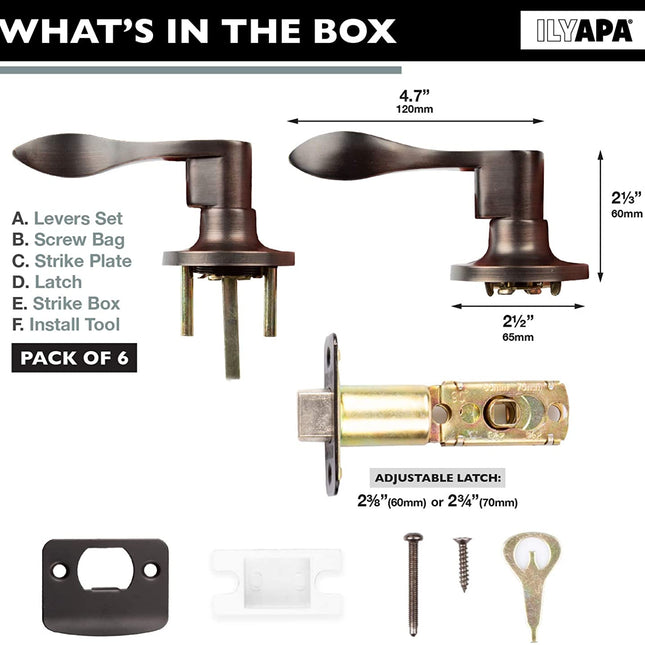 Interior Passage Lever - Keyless Hall and Closet Locksets, Reversible - Hall and Closet - Improved Oil Rubbed Bronze Finish - (6 Pack)
