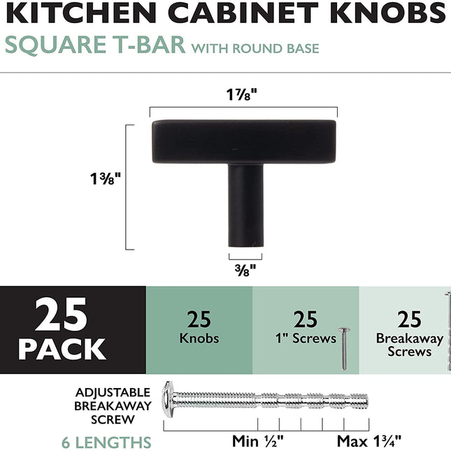 Black Kitchen Cabinet Knobs, 25 Pack - Square T-Knob Drawer Pull Handle Hardware