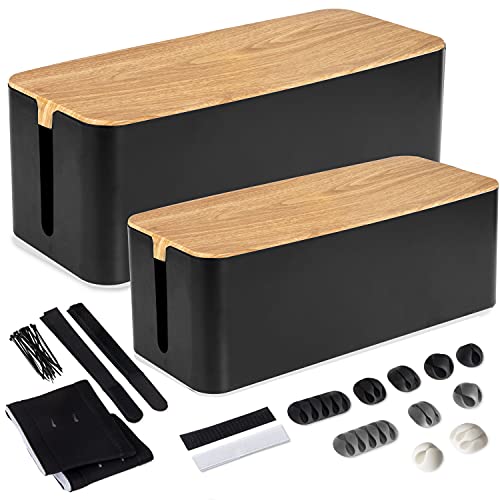 Cable Management Box 2 Pack - Cord Organizer for Wires, Power Strips - with Cable Sleeve, Hook and Loop Strap, Zip Ties, Clips - Black Plastic, Wood Top