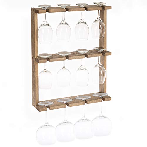 Wine Glass Rack, Wall Mounted - 3 Tier Rustic Barn Wood Stemware Storage Holder