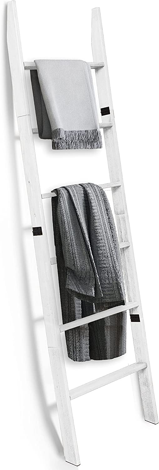 Ilyapa Blanket Ladder for The Living Room - Rustic Decorative Quilt Ladder with Folding Construction for Easy Storage, White Weathered Wood