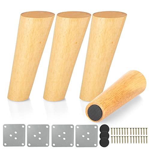Ilyapa Wooden Tapered Oblique Furniture Leg - Set of 4 Natural Rubber Wood 6 Inch Mid Century Modern Tapered Replacement Furniture Feet for Sofas, Chairs, End Tables