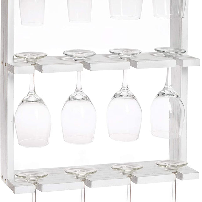 Wine Glass Rack, Wall Mounted - 3 Tier Rustic Weathered White Wood Stemware Storage Holder