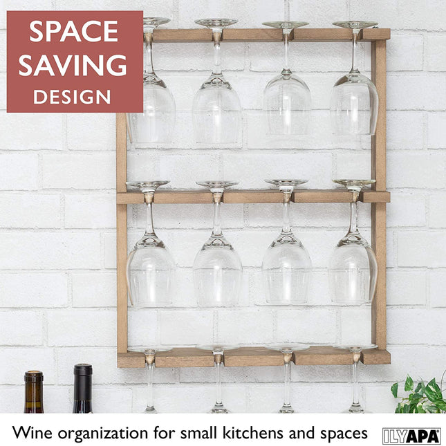 Wine Glass Rack, Wall Mounted - 3 Tier Rustic Barn Wood Stemware Storage Holder