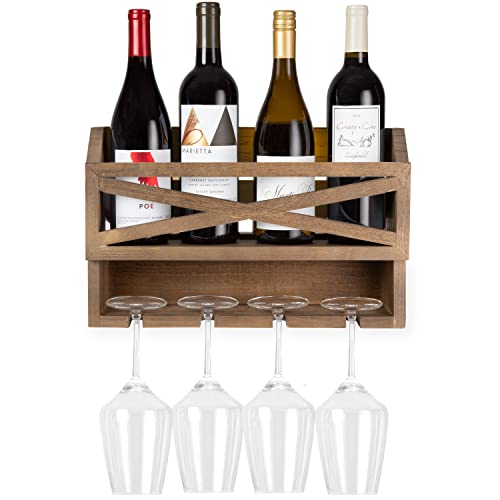 Ilyapa Rustic Farmhouse Style Wine Rack - Wall Mounted Wooden Wine Rack - Brown, Holds 5 Bottles, 4 Glasses