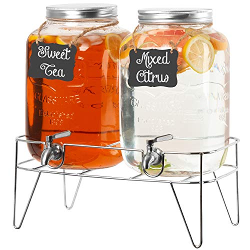2 Pack of Outdoor Glass Beverage Dispensers with Sturdy Metal Bases & Stainless Steel Spigots - 2 Gallon Drink Dispensers for Lemonade, Tea, Cold Water & More