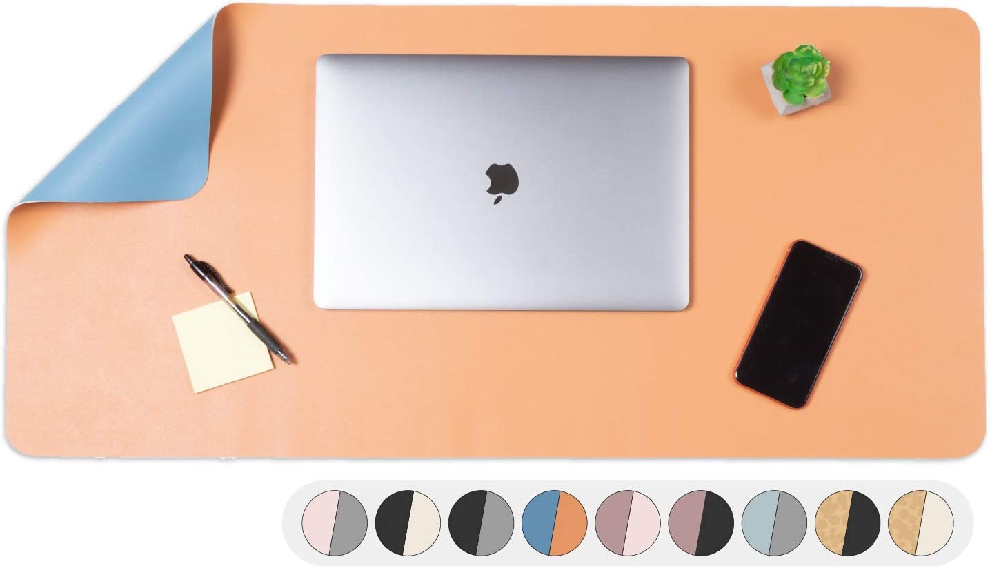 Office Desk Mat, Double Sided Dark Blue & Tan - 36 x 17 Inch Leather Style Computer Pad for Desk