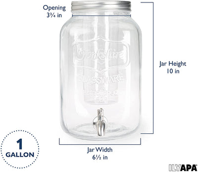 Outdoor Glass Beverage Dispenser with Stainless Steel Spigot, Ice Cylinder & Hanging Chalkboard - 1 Gallon Drink Dispenser for Lemonade, Tea, Cold Water & More