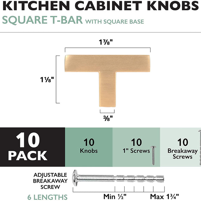 Brushed Gold Cabinet Knobs, 10 Pack - Modern Square T-Knob Drawer Pull Handle Hardware