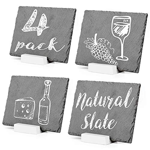Mini Chalkboard Signs for Tables, 4 Pack - Rustic 5x6 Inch Small Slate Tabletop Chalk Boards with White Wood Stands Set
