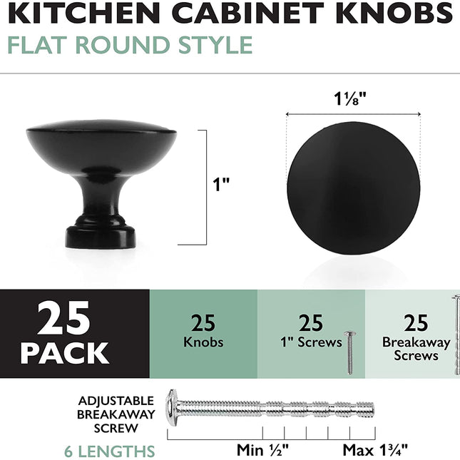 Ilyapa Flat Black Kitchen Cabinet Knobs - Round Drawer Handles - 25 Pack of Kitchen Cabinet Hardware