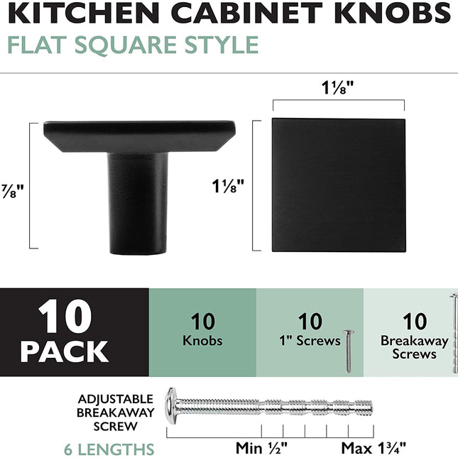 Ilyapa Flat Black Kitchen Cabinet Knobs - Square Drawer Handles - 10 Pack of Kitchen Cabinet Hardware