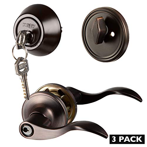 Entry Door Handle and Deadbolt Lock Set, 3 Pack - Oil Rubbed Bronze Lever