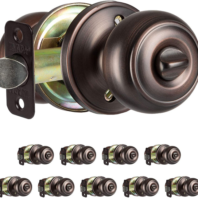 Interior Privacy Door knob - Keyless Locking Door Handles for Bedroom and Bathroom - Improved Oil Rubbed Bronze Finish - (10 Pack)