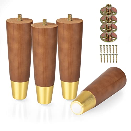 Ilyapa Wooden Furniture Legs Gold Footing - Set of 4 Brown 6 Inch Tapered Replacement Furniture Leg for Sofas, Chairs, Loveseats, Ottoman, Dressers, End Tables