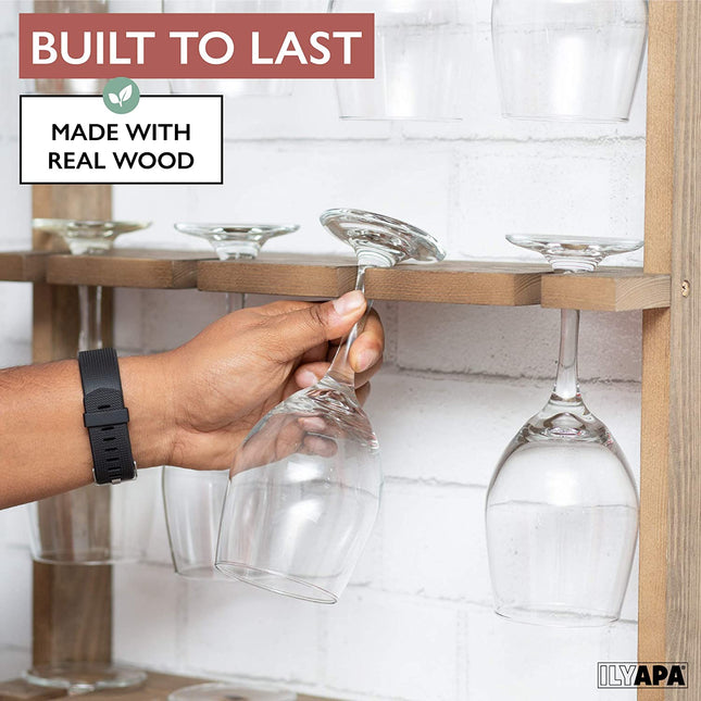 Wine Glass Rack, Wall Mounted - 3 Tier Rustic Barn Wood Stemware Storage Holder