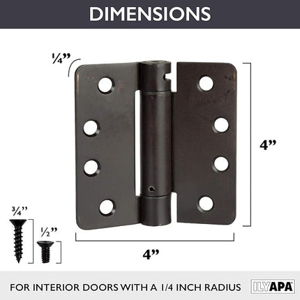 2 Pack of Self Closing Door Hinges Oil Rubbed Bronze - 4 x 4 Inch Interior Hinges for Doors with 1/4" Radius
