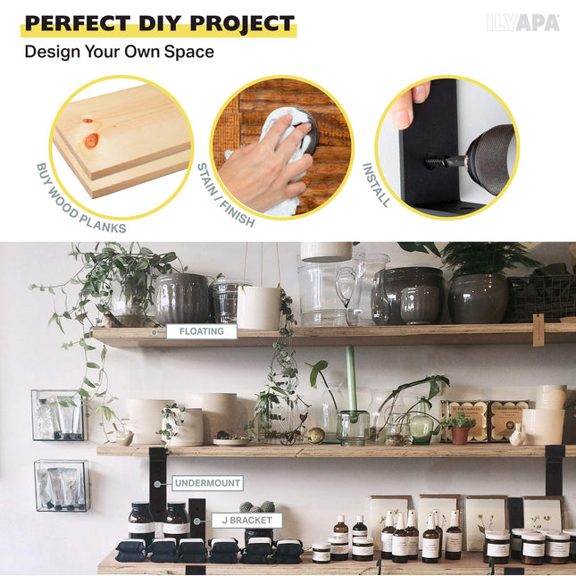 Heavy Duty Steel Floating Shelf Brackets, J Bracket with Lip- Farmhouse Rustic Iron Matte Finish - 4 Pack of 6 x 7.25 Inch Industrial Metal Shelf Holders, Joint Angle Brackets for Wall Mount Shelves