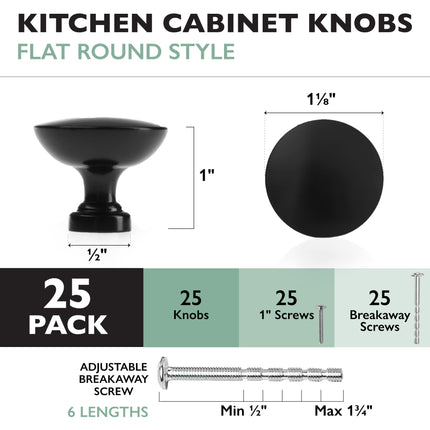 Ilyapa Flat Black Kitchen Cabinet Knobs - Round Drawer Handles - 25 Pack of Kitchen Cabinet Hardware