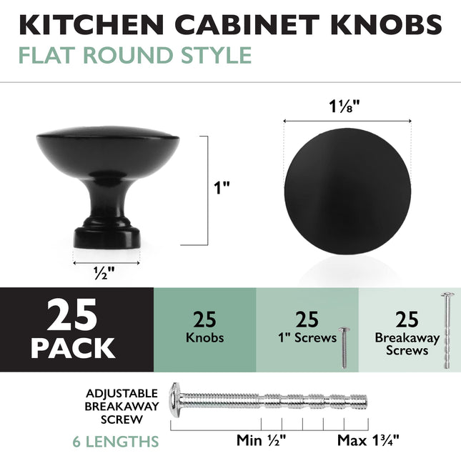 Ilyapa Flat Black Kitchen Cabinet Knobs - Round Drawer Handles - 25 Pack of Kitchen Cabinet Hardware