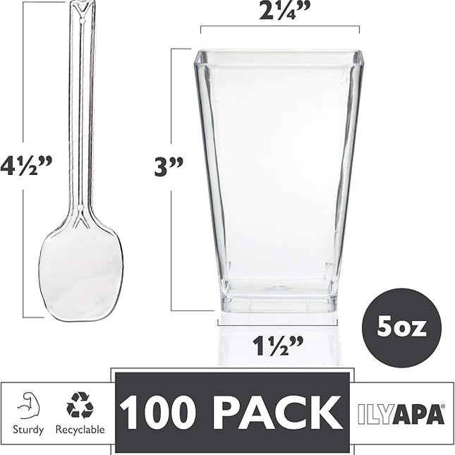 100 Mini Plastic Dessert Cups with Spoons - 5 oz Dessert Shooters
