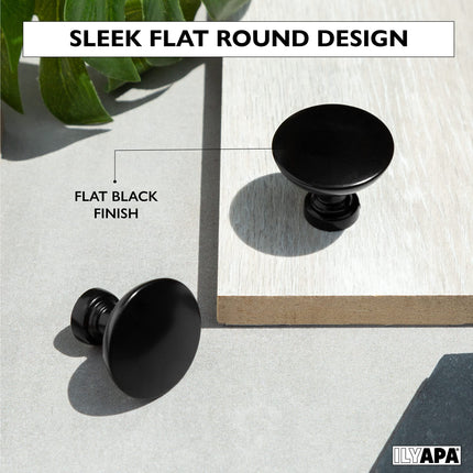 Ilyapa Flat Black Kitchen Cabinet Knobs - Round Drawer Handles - 25 Pack of Kitchen Cabinet Hardware