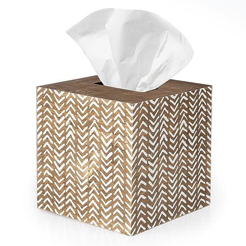 Ilyapa Wood Tissue Box Cover Farmhouse X Patterned- Rustic White Wood Holder
