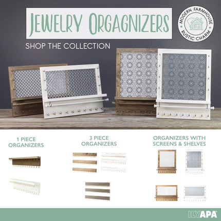 Ilyapa Wall Mounted Jewelry Organizer, Rustic White Wood - Earring, Bracelet and Necklace Holder - 3 Piece Jewelry Hanger Rack Set