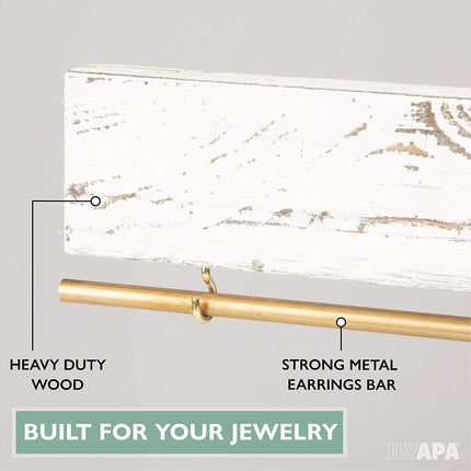 Ilyapa Wall Mounted Jewelry Organizer, Rustic White Wood - Earring, Bracelet and Necklace Holder - 3 Piece Jewelry Hanger Rack Set