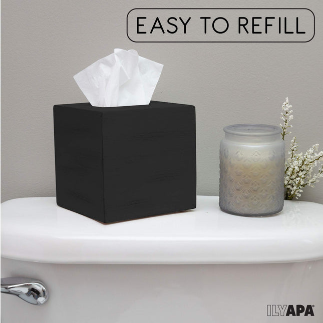 Ilyapa Wood Tissue Box Cover Square - Rustic Farmhouse Black Wooden Tissue Holder