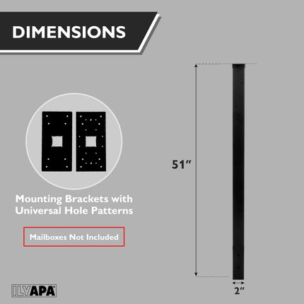 In-Ground Metal Mailbox Post for Outside Modern Mailbox - 51x2x2 Inch Black Mail Box Post for Outside with 2 Universal Mounting Bracket Plate