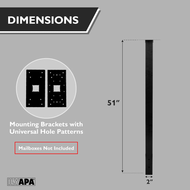 In-Ground Metal Mailbox Post for Outside Modern Mailbox - 51x2x2 Inch Black Mail Box Post for Outside with 2 Universal Mounting Bracket Plate