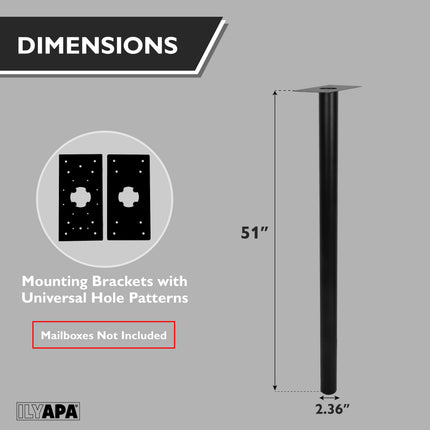 In-Ground Metal Mailbox Post for Outside Modern Mailbox - 51x2.5x2.5 Inch Black Mail Box Post for Outside with 2 Mounting Bracket Plate