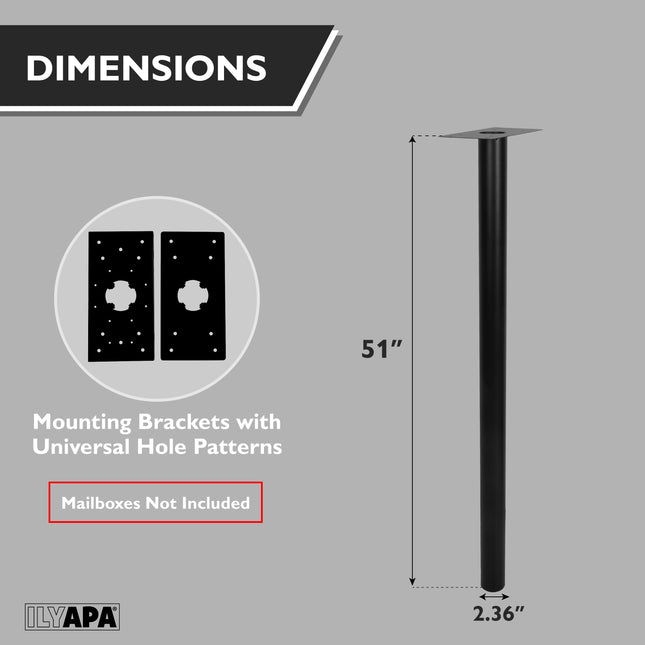 In-Ground Metal Mailbox Post for Outside Modern Mailbox - 51x2.5x2.5 Inch Black Mail Box Post for Outside with 2 Mounting Bracket Plate