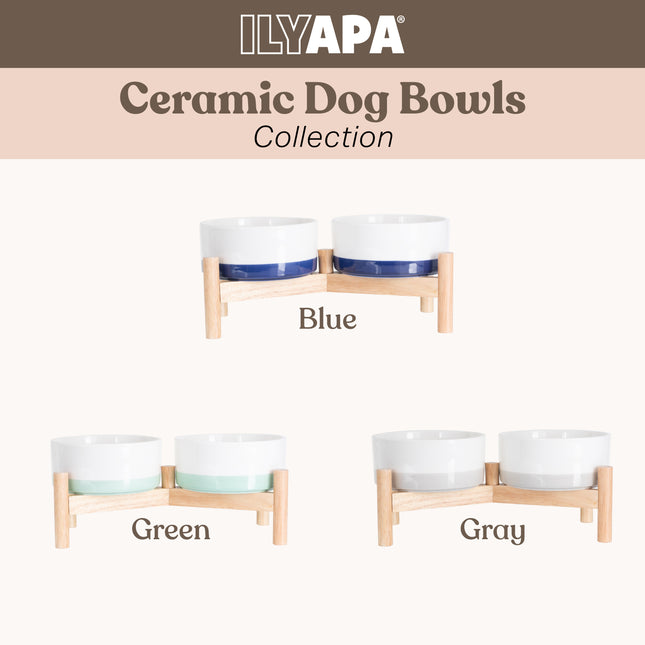 Ceramic Dog Bowls - Elevated for Medium Sized Pet with Raised Food and Water Set - Blue Double 6 inch, 28 Oz Bowls & 13x6.3x5.5 Wooden Stand