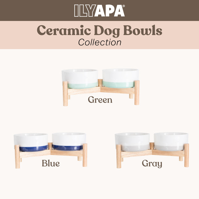 Ceramic Dog Bowls - Elevated for Medium Sized Pet with Raised Food and Water Set - Green Double 6 inch, 28 Oz Bowls & 13x6.3x5.5 Wooden Stand