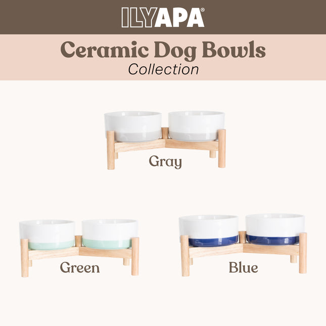 Ceramic Dog Bowls - Elevated for Medium Sized Pet with Raised Food and Water Set - Gray Double 6 inch, 28 Oz Bowls & 13x6.3x5.5 Wooden Stand