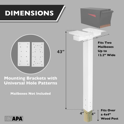 Double Mailbox Post for Outside - 43x4x4 inch White Metal Dual Mailboxes Post for Outside with Universal Mounting Bracket Plate for 2