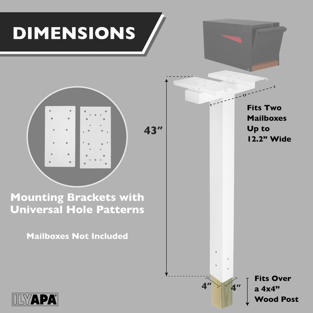 Double Mailbox Post for Outside - 43x4x4 inch White Metal Dual Mailboxes Post for Outside with Universal Mounting Bracket Plate for 2