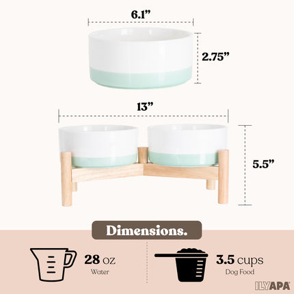 Ceramic Dog Bowls - Elevated for Medium Sized Pet with Raised Food and Water Set - Green Double 6 inch, 28 Oz Bowls & 13x6.3x5.5 Wooden Stand