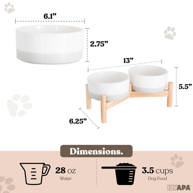 Ceramic Dog Bowls - Elevated for Medium Sized Pet with Raised Food and Water Set - Gray Double 6 inch, 28 Oz Bowls & 13x6.3x5.5 Wooden Stand